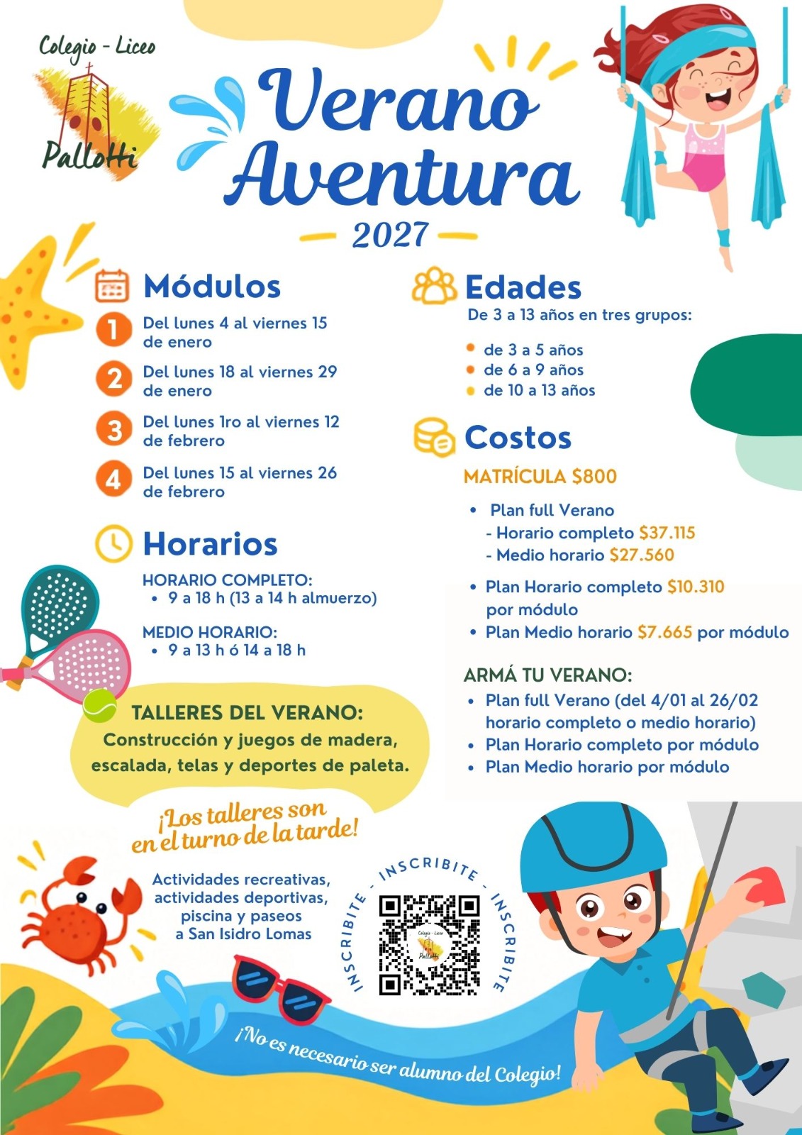 Afiche de Verano Aventura 2027: módulos, edades, horarios y costos